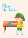 Wordcard with boy cleaning table