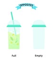 Wordcard for full and empty antonyms and opposites. Illustration of a full glass and empty glass on white background