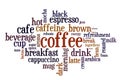 Wordcloud of Coffee and words connected with popular dark beverage which provides energy boost Royalty Free Stock Photo