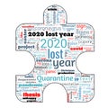 Wordcloud on theme lost year 2020 in puzzle shape on white background