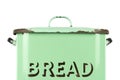 Wording on the side of a vintage 1930s British green enamel bread bin