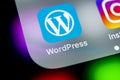 Wordpress application icon on Apple iPhone X screen close-up. Wordpress app icon. Wordpress.com application. Social network
