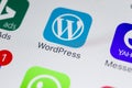 Wordpress application icon on Apple iPhone X screen close-up. Wordpress app icon. Wordpress.com application. Social network