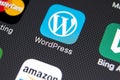 Wordpress application icon on Apple iPhone X screen close-up. Wordpress app icon. Wordpress.com application. Social network