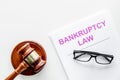 Words bankruptcy law written on the documents near judge gavel on white background top view space for text Royalty Free Stock Photo