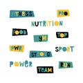 Words with black letters Sport power font on white background for healthy lifestyle design. Creative vector font. Vector