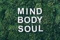 Words Body, mind, spirit and soul on moss, green grass background. Top view. Copy space. Banner. Biophilia concept Royalty Free Stock Photo