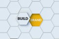 Words build brand on hexagons. Business marketing concept