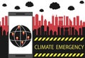 The words Climate Emergency against a gloomy city. Environmental pollution, problems with air, water. Vector flat illustration