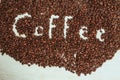 The words coffee written against scattered natural coffee