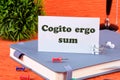 The words Cogito Ergo Sum or I think Therefore I Am on a white business card standing on a notepad