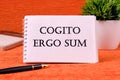 The words Cogito Ergo Sum or I think Therefore I Am on a white sheet of a notebook. Business concept