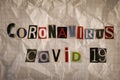 Words Coronavirus Covid 19 made from letters cutting from magazines Royalty Free Stock Photo