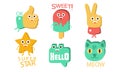 Words and Cute Cartoon Characters with Funny Faces, Ok, Sweet, Victory Sign, Superstar, Hello, Meow Vector Illustration