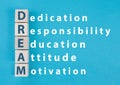 The words dream, dedication, responsibility, education, attitude and motivation are standing as a cross word on wooden cubes