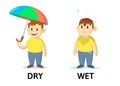 Words dry and wet flashcard with cartoon characters. Opposite adjectives explanation card. Flat vector illustration