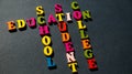 The words Education, School, Student, College built of colorful wooden letters on a dark table. Royalty Free Stock Photo