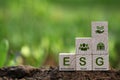 words ESG on a wood block and Future environmental conservation. Royalty Free Stock Photo