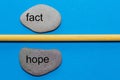 The words fact and a hope are written on natural smooth stones separated by a yellow pencil. The background is isolated in blue an