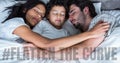 The words #Flatten The Curve with a mixed race family sleeping and embracing