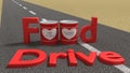 The words food drive on a road with tin cans