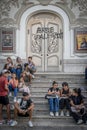 The words Free Palestine on the theater by the activists of pro-Palestine during the protest rally in Tunis.