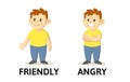 Words friendly and angry flashcard with cartoon boy characters. Opposite adjectives explanation card. Flat vector Royalty Free Stock Photo