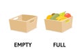 Words full and empty flashcard with box, fruits, and veggies. Opposite adjectives explanation card. Flat vector