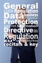 Words of the General Data Protection Regulation concept on the photo of a man in a business suit, topic of protecting information Royalty Free Stock Photo