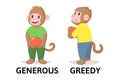 Words generous and greedy flashcard with cartoon animal characters. Opposite adjectives explanation card. Flat vector