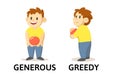 Words generous and greedy flashcard with cartoon characters. Opposite adjectives explanation card. Flat vector