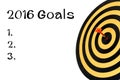 Words 2016 goals and dart target with arrow on bullseye Royalty Free Stock Photo