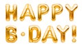Words HAPPY B-DAY made of golden inflatable balloons isolated on white background. Gold foil helium balloons forming phrase. Royalty Free Stock Photo