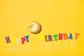 Words Happy Birthday with cupcake on yellow background. Royalty Free Stock Photo