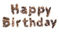 Words Happy Birthday isolated on white background made in Cedar Pinecone Letters style. Royalty Free Stock Photo