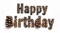 Words Happy Birthday isolated on white background made in Large Pinecone Letters style. Royalty Free Stock Photo