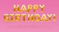 Words HAPPY BIRTHDAY made of golden inflatable balloons floating on pink background. Gold foil helium balloons forming Royalty Free Stock Photo