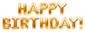 Words HAPPY BIRTHDAY made of golden inflatable balloons isolated on white background. Gold foil helium balloons forming phrase. Royalty Free Stock Photo