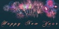 Words Happy New Year written on banner with sparkly fireworks and burning letters on black background.. Royalty Free Stock Photo