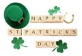 Words Happy St. Patrick`s day and festive decor on white background, top view