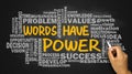 words have power with related word cloud hand drawing on blackboard