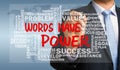 words have power with related word cloud hand drawing by businessman Royalty Free Stock Photo