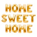 Words HOME SWEET HOME made of golden inflatable balloons isolated on white background. Helium balloons gold foil forming welcoming