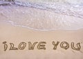 Words I LOVE YOU written on sand, with waves in background Royalty Free Stock Photo