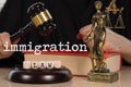 Words IMMIGRATION LAW composed of wooden dices. Wooden gavel and statue of Themis in the background Royalty Free Stock Photo