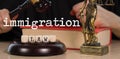 Words IMMIGRATION LAW composed of wooden dices. Wooden gavel and statue of Themis in the background Royalty Free Stock Photo