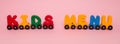 Words kids menu made of letters train cars alphabet. Bright colors of red yellow green and blue on a white background. Early child