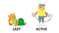 Words lazy and active flashcard with cartoon animal characters. Opposite adjectives explanation card. Flat vector