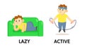 Words lazy and active flashcard with cartoon characters. Opposite adjectives explanation card. Flat vector illustration
