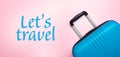 Words Let`s Travel Blue suitcase on pastel pink background Creative Summer holidays, vacation, travel concept Banner Royalty Free Stock Photo